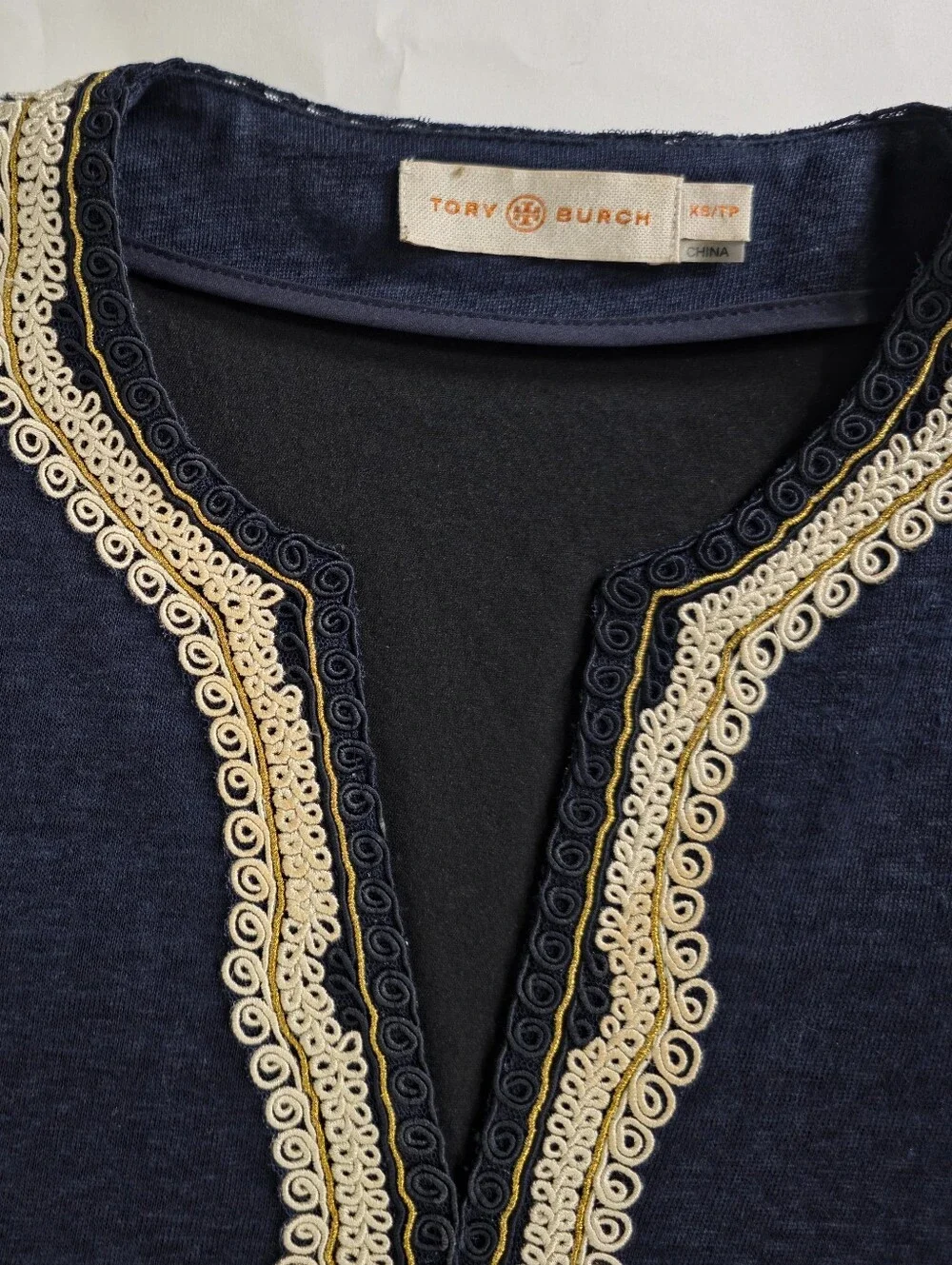 Tory Burch Liliana Soutache Linen Dress XS TP Navy Blue Embroidered Tunic